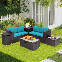 Tangkula 6 Pieces Patio Wicker Furniture Set with 32 Inches Propane Fire Pit Table and Tank Holder