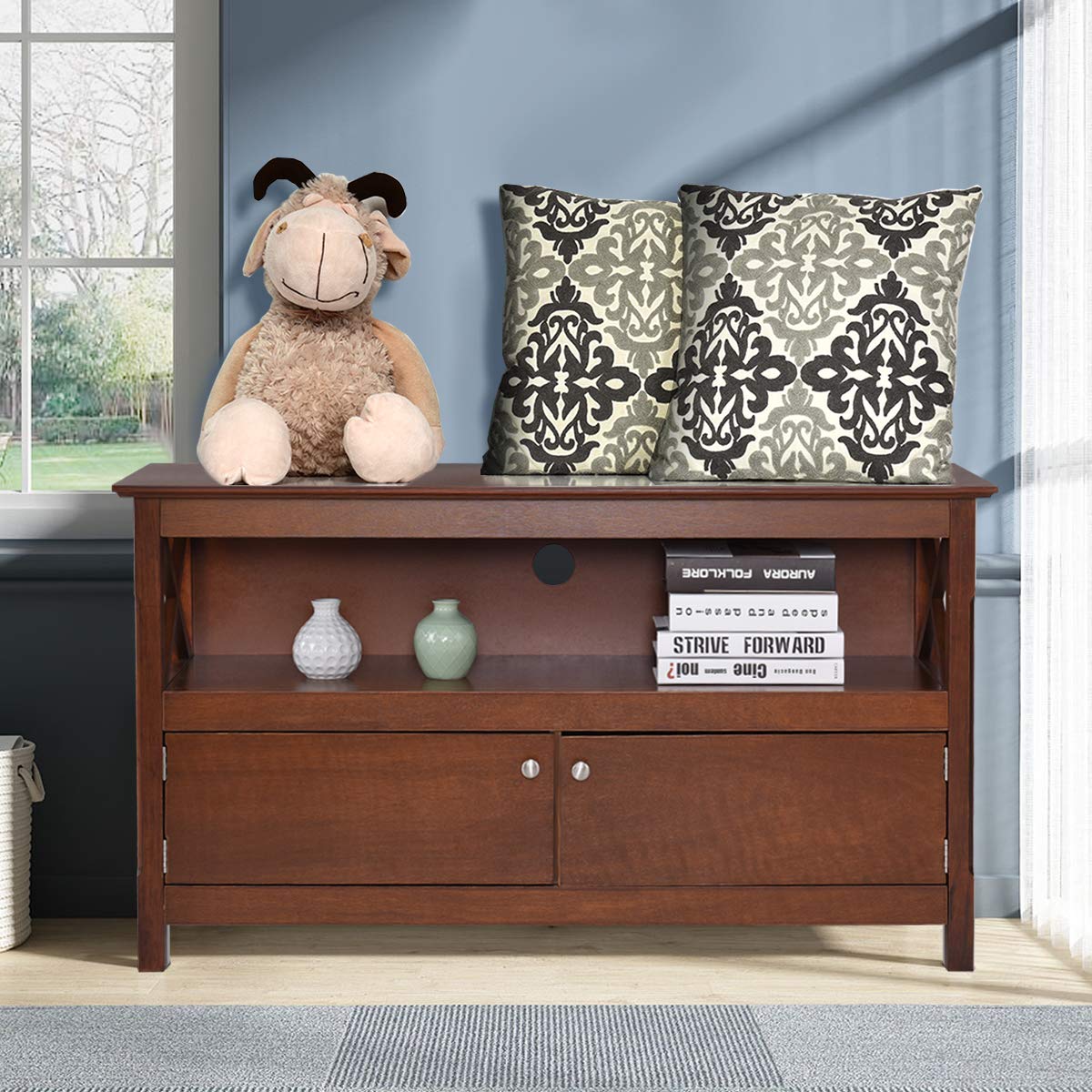 Wooden TV Stand for TVs Up to 50 Inch, X Shape Console Storage Cabinet