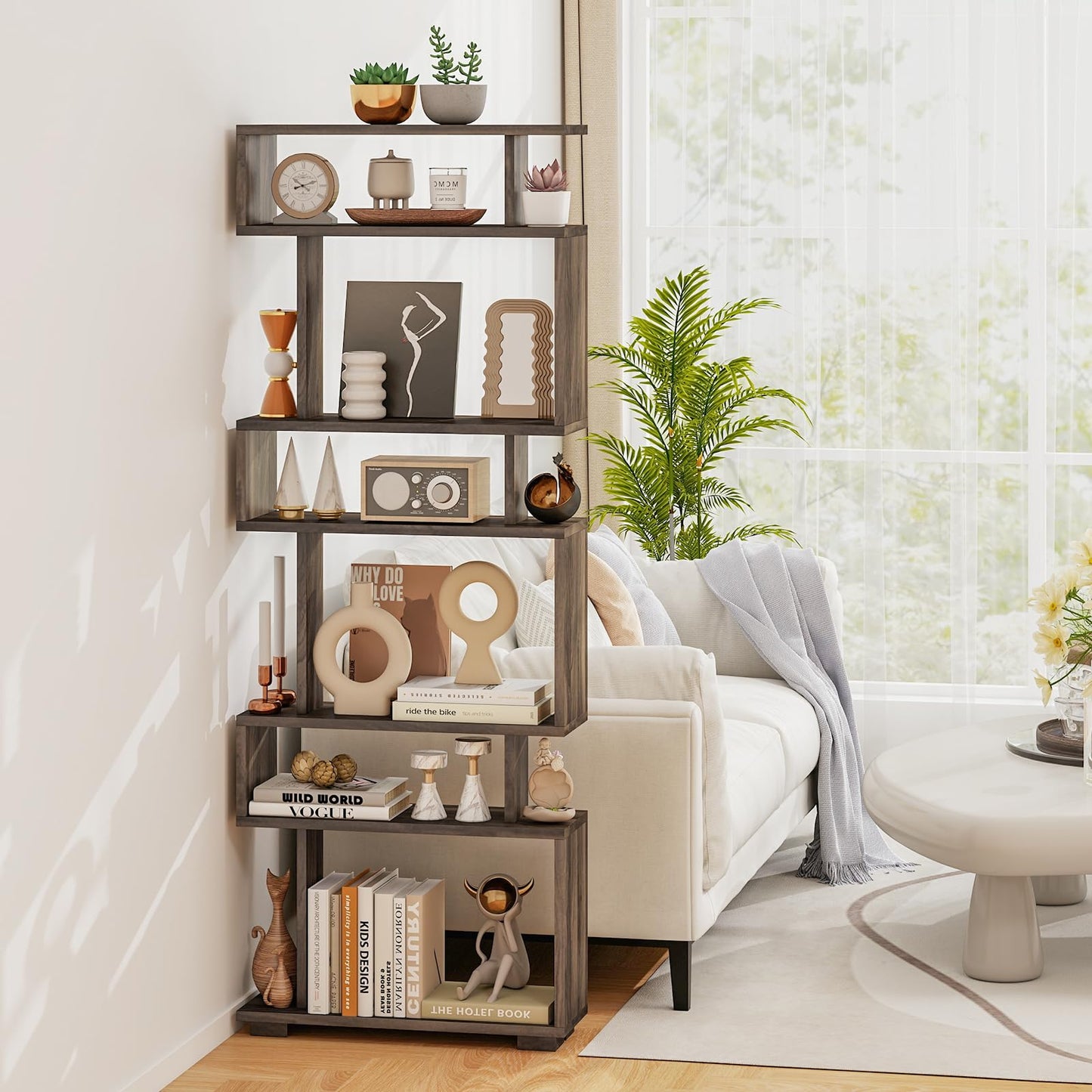 Tangkula 64" Tall 6-Tier S Shaped Bookcase with Anti-Tipping Kit