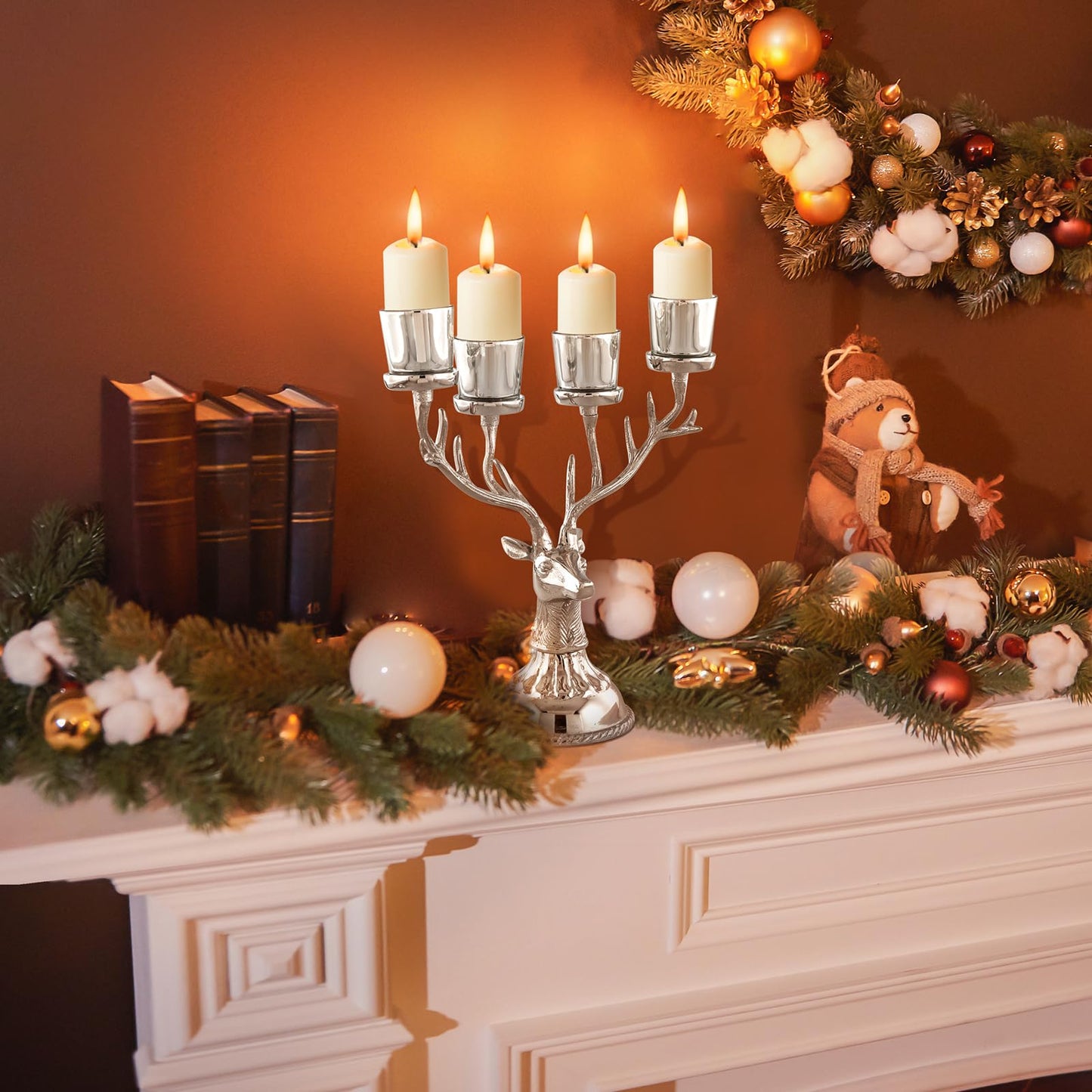 Tangkula Reindeer Candle Holder, Deer Christmas Ornament for 4 Candles, Aluminum Table Christmas Decoration for Tealight