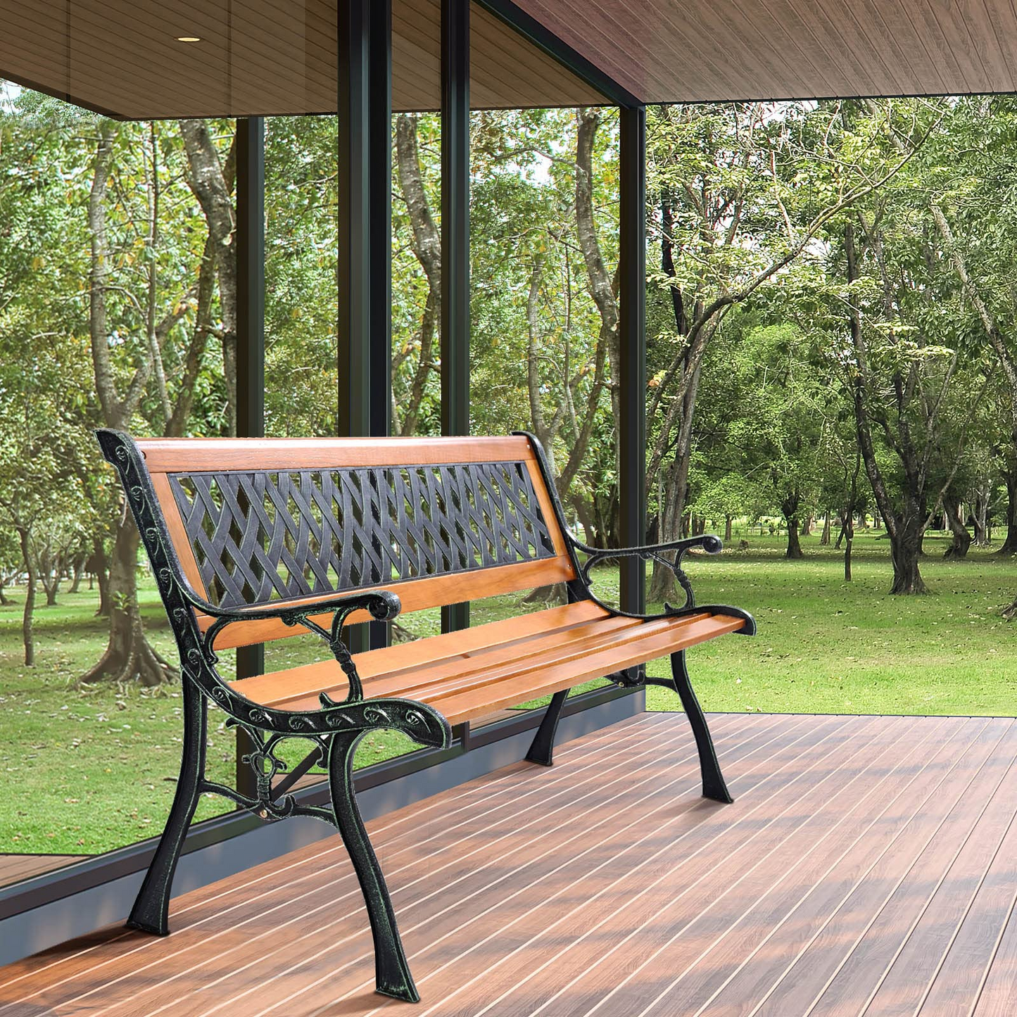Tangkula Outdoor Garden Bench Park Bench, Patio Bench Chair with Cast Iron & Hardwood Structure