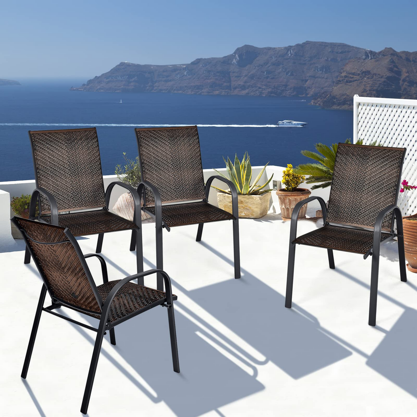 Tangkula Outdoor PE Wicker Stackable Chairs