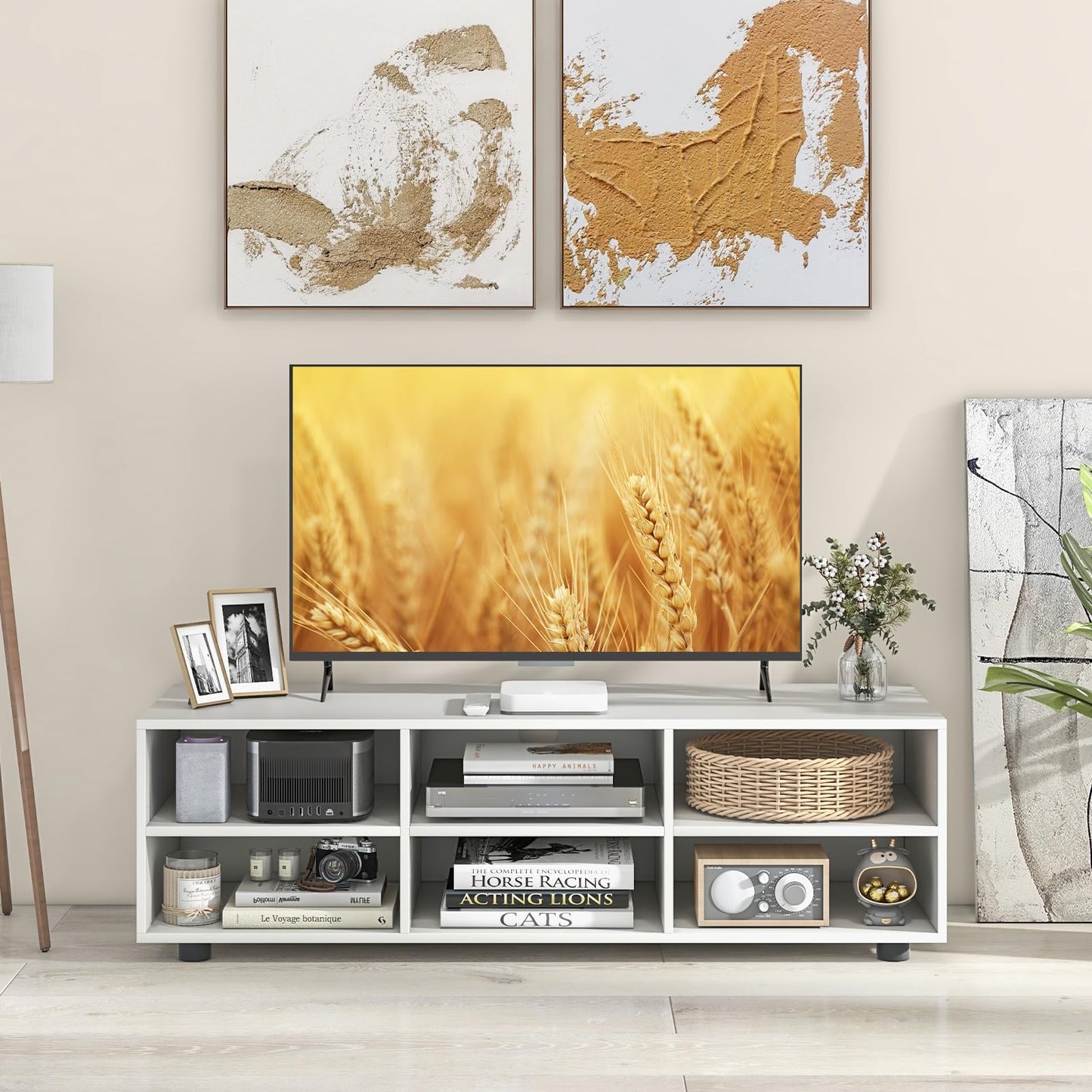 Tangkula White TV Stand for TV up to 55 Inch, TV Console Table with 6 Cubbies, 5 Positions Adjustable Shelves