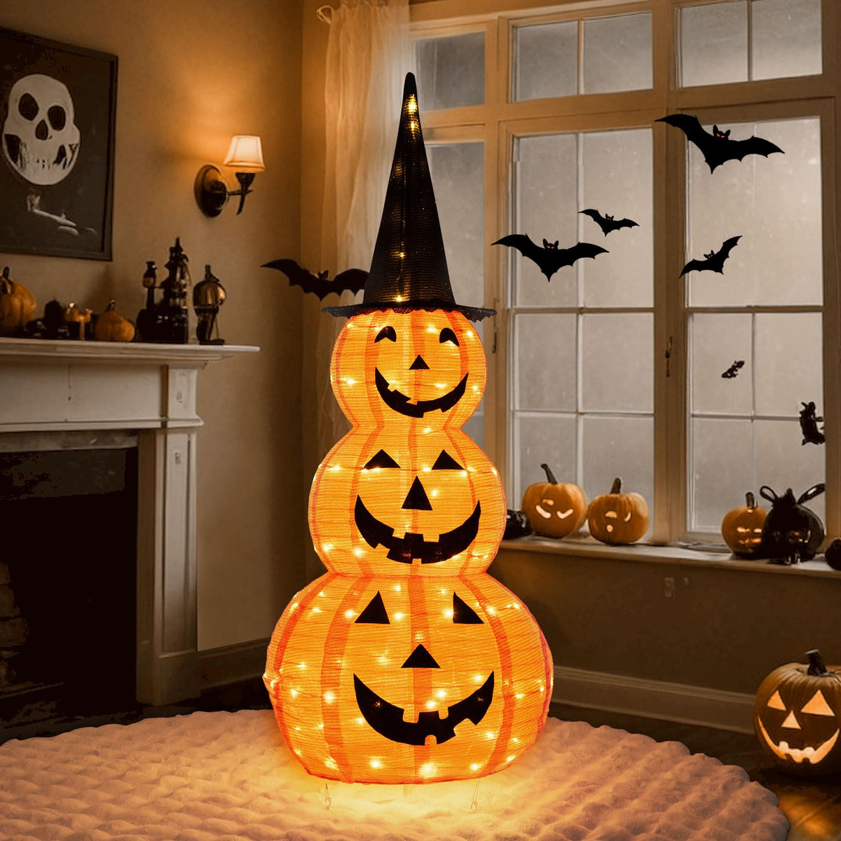 Tangkula Citrouilles empilées gonflables d'Halloween de 1,5 m avec chapeau de sorcière et 100 lumières LED