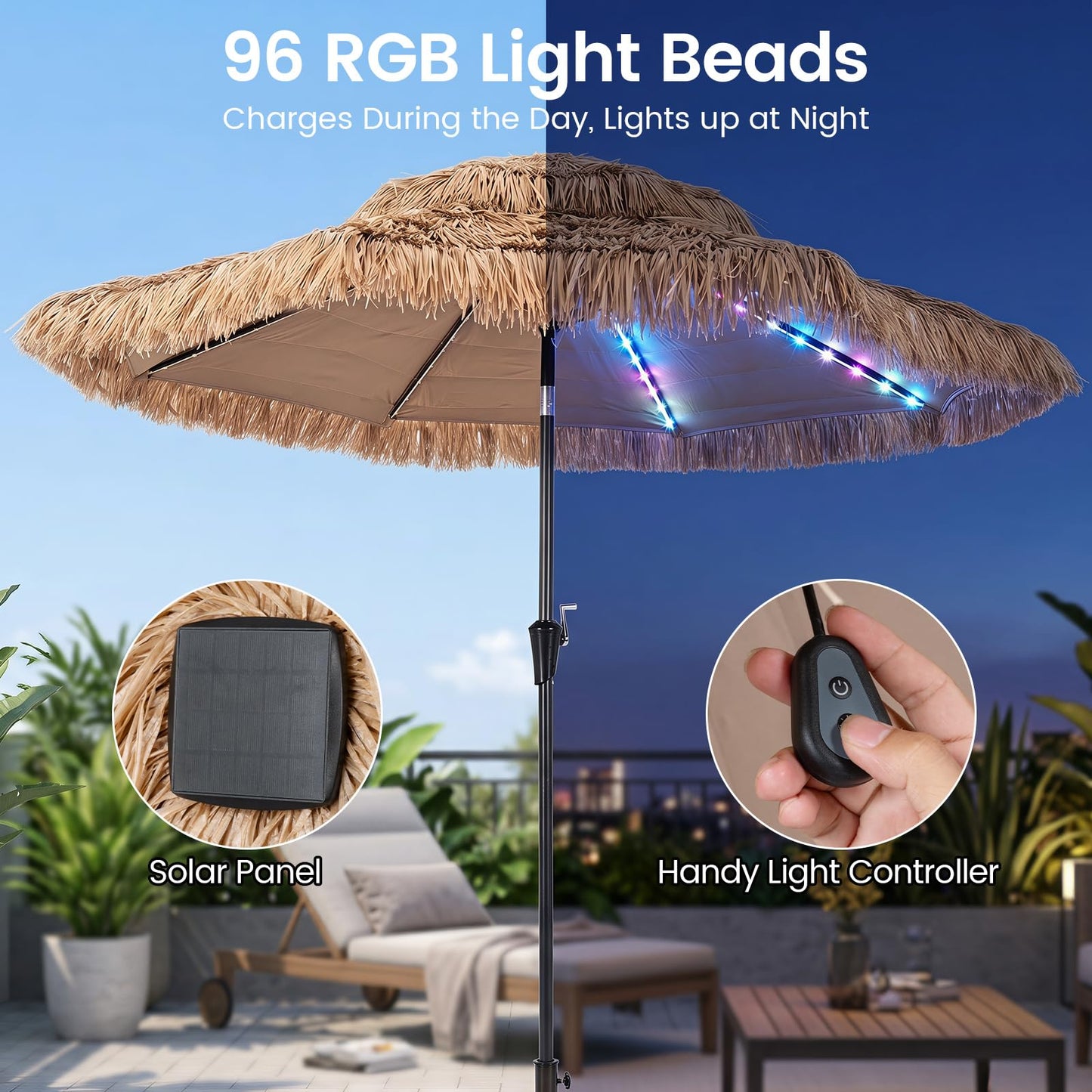 Tangkula 9 FT Solar Tiki Patio Umbrella | PE Grass