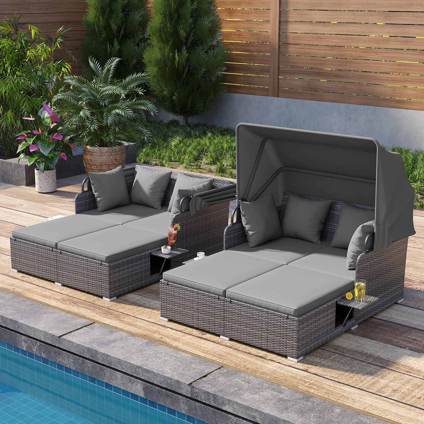 Tangkula Patio Rattan Daybed with Retractable Canopy and Side Tables-Mix Gray