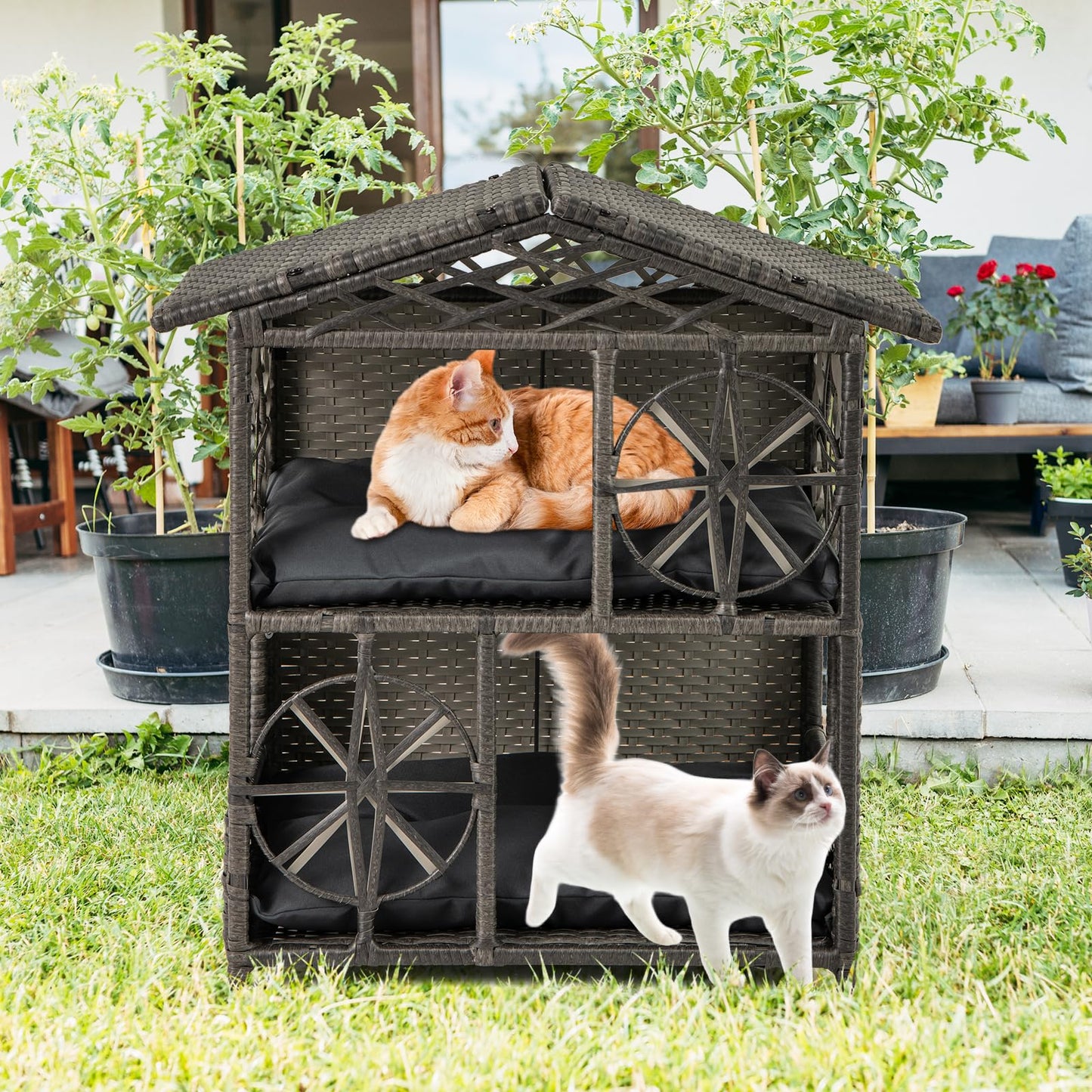 Niche pour chat Tangkula à 2 étages en osier, enclos pour chaton en rotin avec coussins amovibles