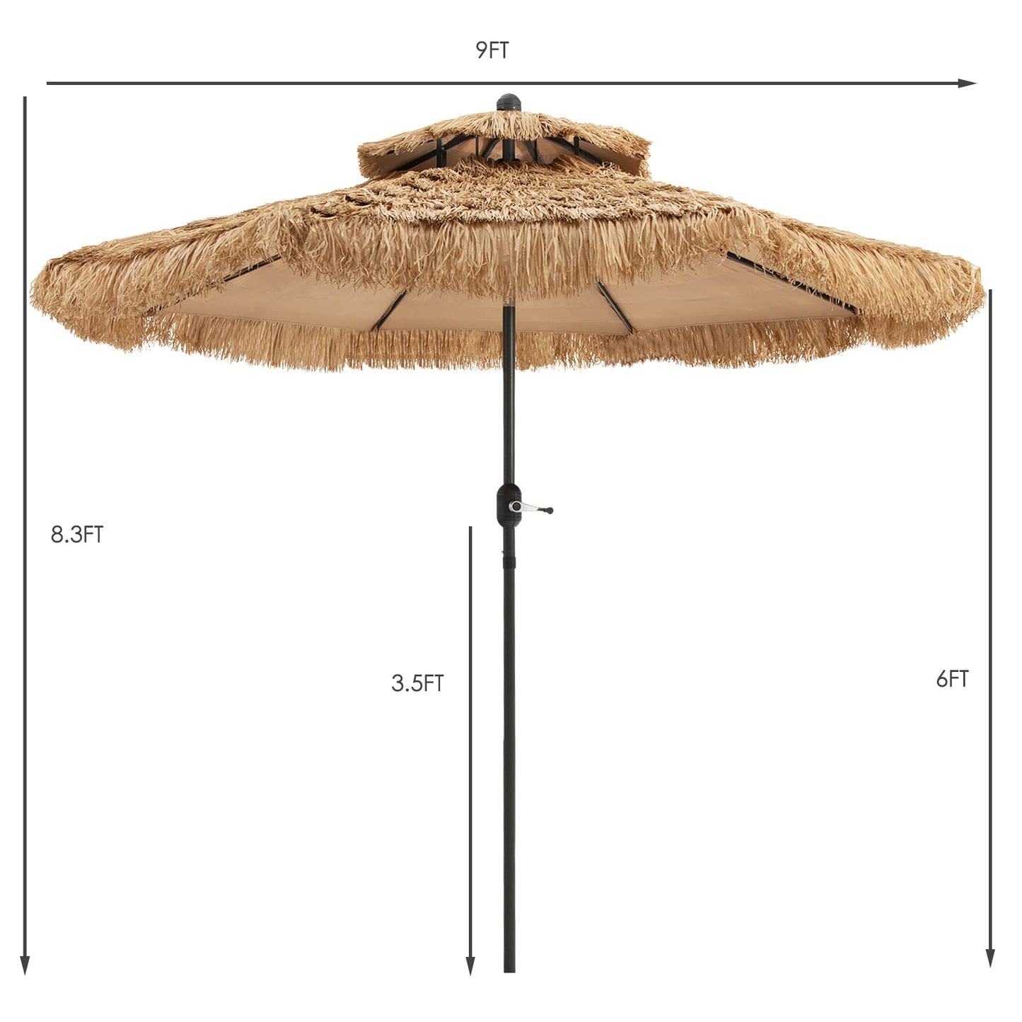 Tangkula 9 ft Thatched Patio Umbrella, 2 Tier Hawaiian Style Grass Beach Umbrella with 8 Ribs