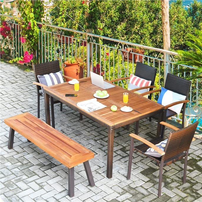 Outdoor Acacia Wood Bench, Patio Dining Bench Picnic Bench with Steel Legs