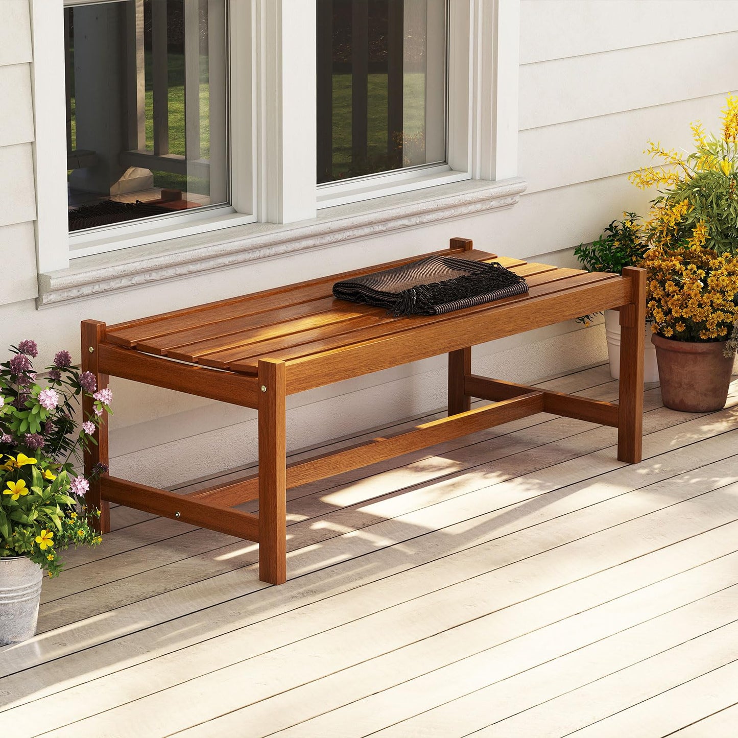 Tangkula Outdoor Wood Bench Backless for Backyard
