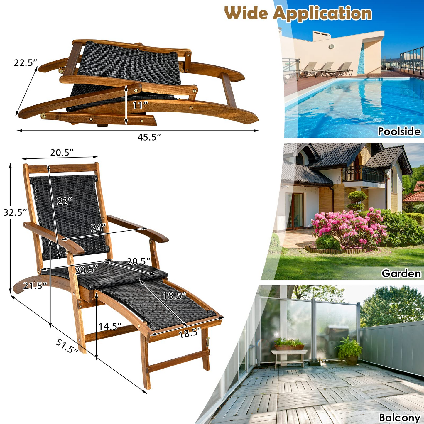 Acacia Wood Folding Chaise Lounge Chair - Tangkula