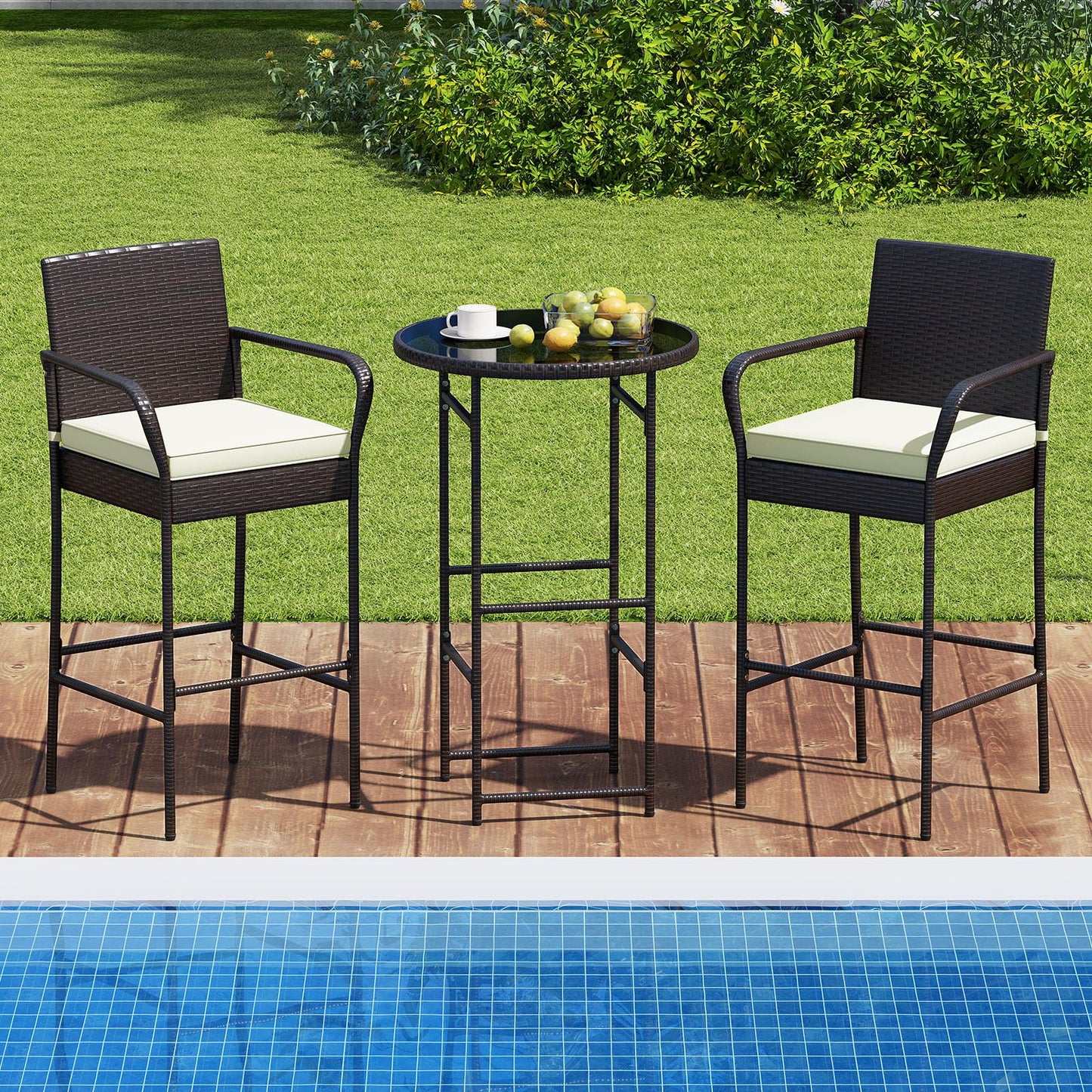 Tangkula Patio Rattan Heavy Duty Bar Height Glass Top Table & 2 Cushioned Barstools