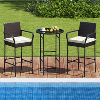 Tangkula Patio Rattan Heavy Duty Bar Height Glass Top Table & 2 Cushioned Barstools