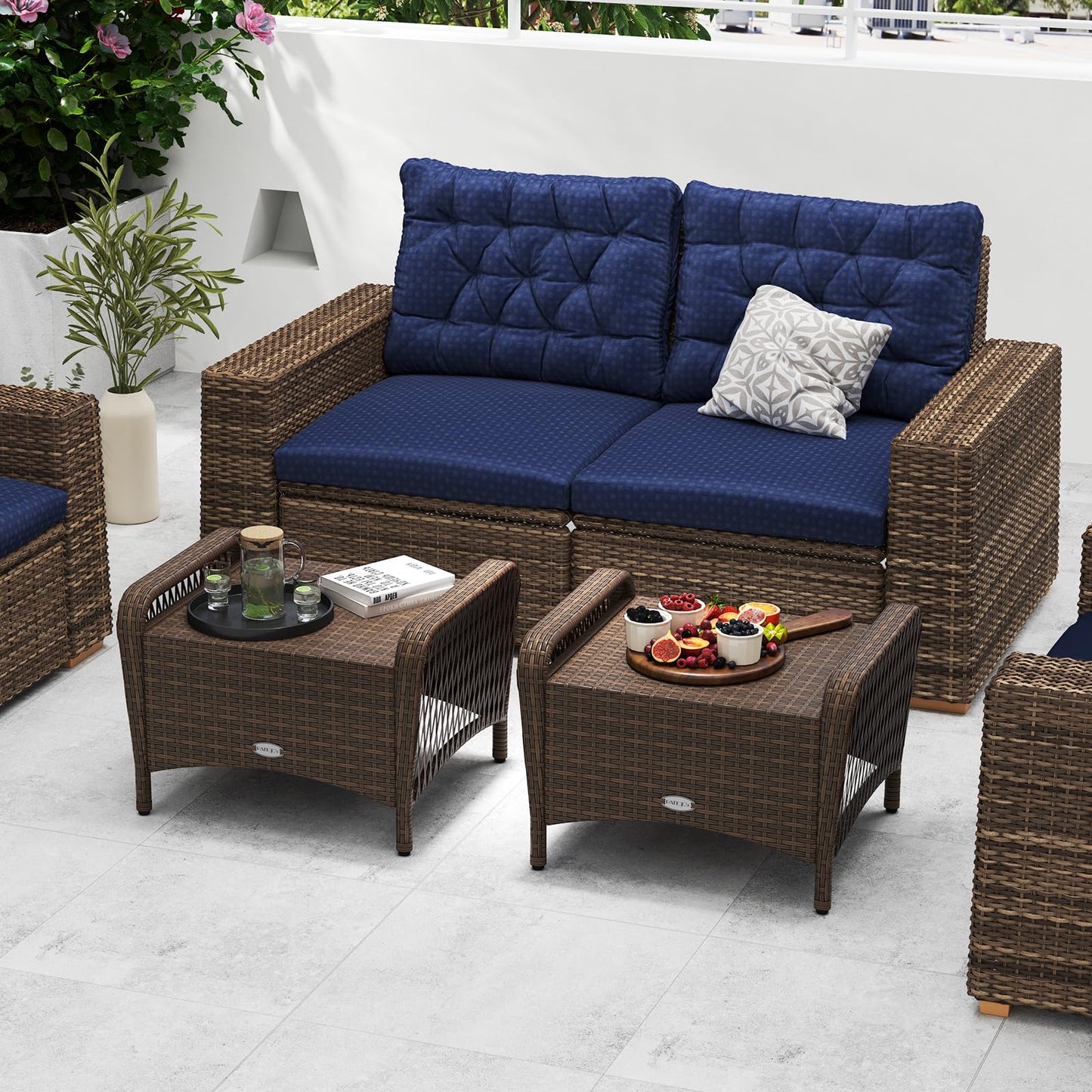 Tangkula 2 Pieces Patio Wicker Ottomans with Removable Cushions for Additional Seating