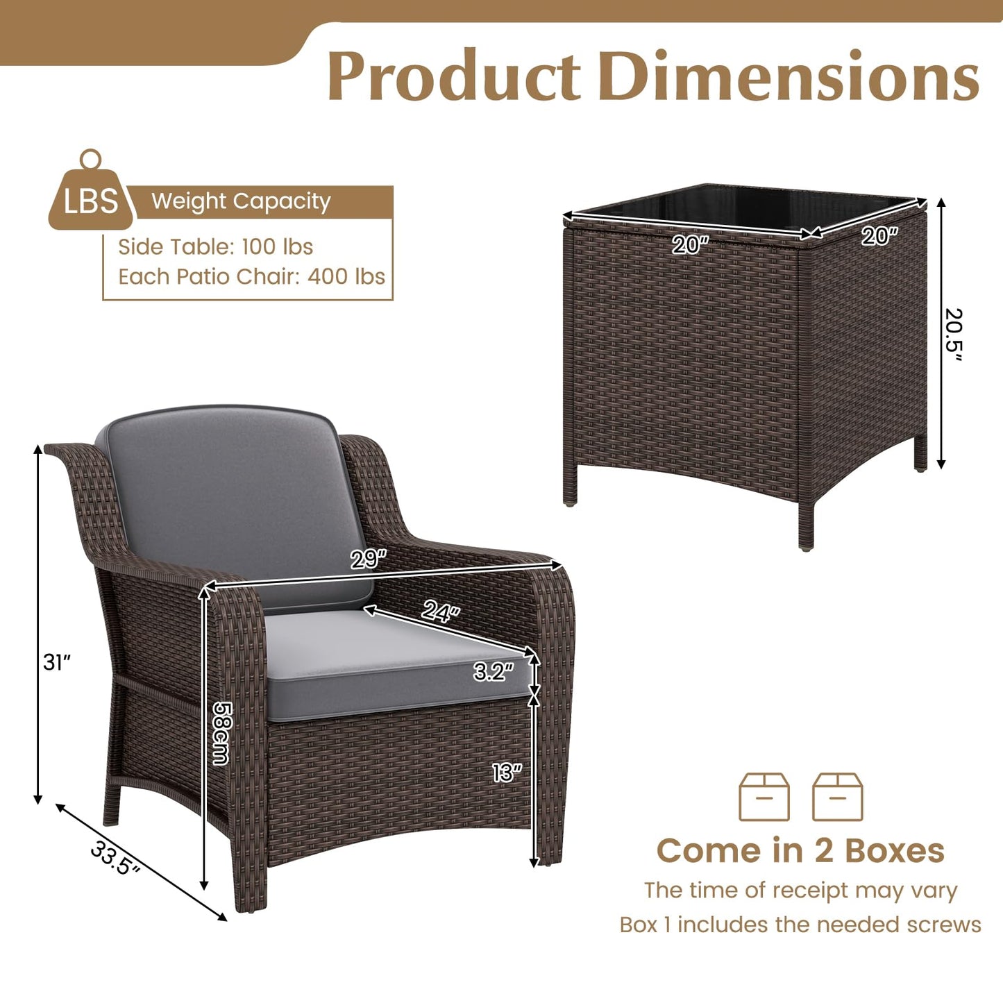 Tangkula 3 Pieces Outdoor Patio Furniture Set, Patiojoy PE Rattan Wicker Chairs with Cushions and Tempered Glass Coffee Table
