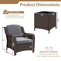 Tangkula 3 Pieces Outdoor Patio Furniture Set, Patiojoy PE Rattan Wicker Chairs with Cushions and Tempered Glass Coffee Table