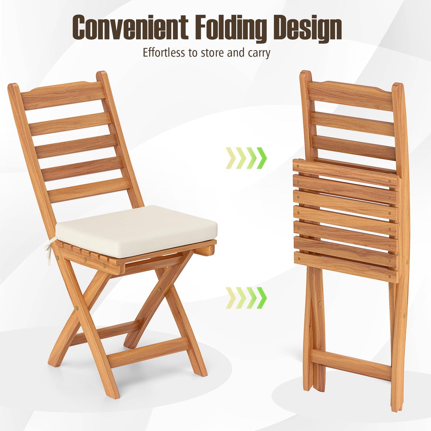 Tangkula Patio Folding Chairs Set, Acacia Wood Slatted Dining Chairs w/Soft Seat Cushion