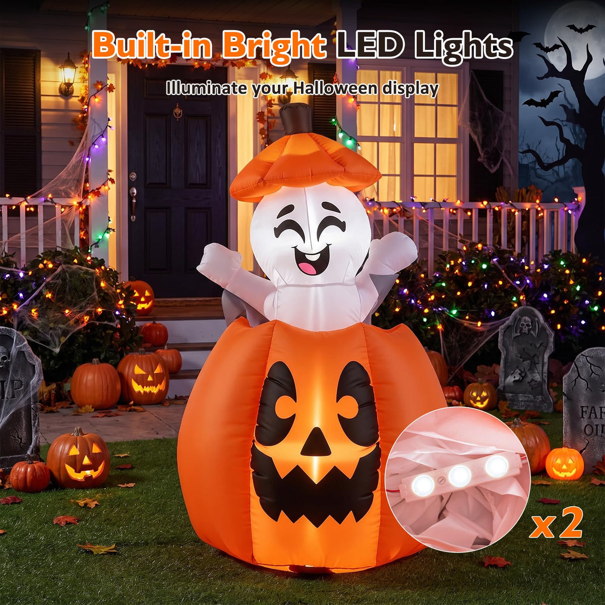 Tangkula 5 FT Halloween Lighted Inflatable Pumpkin with Animated Ghost
