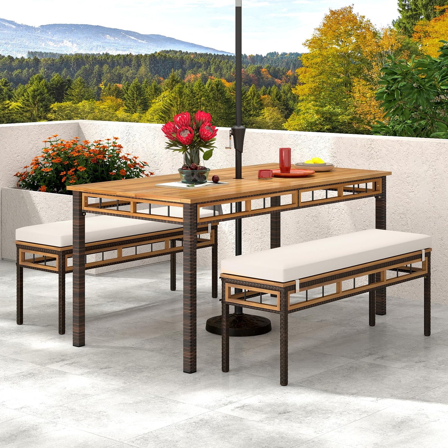 Tangkula Outdoor Wicker Bench with Removable Padded Cushion