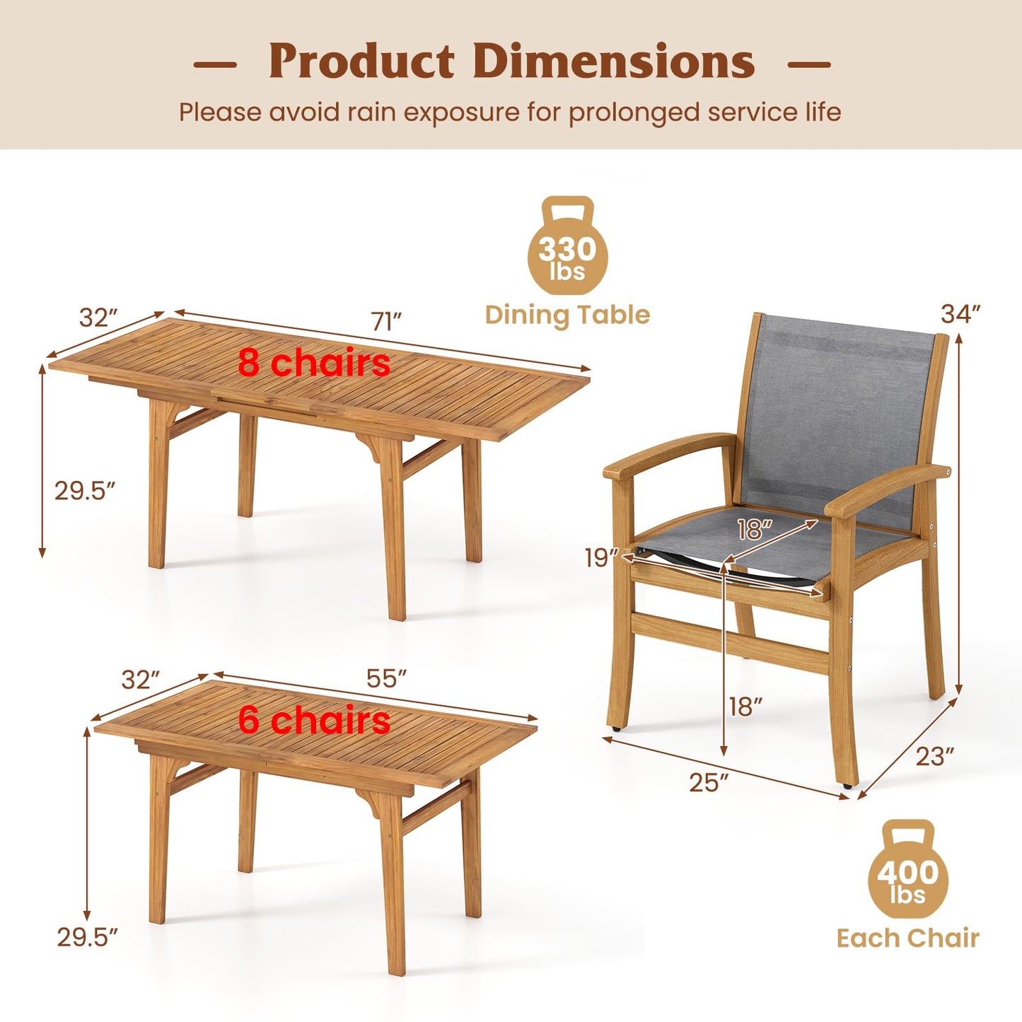 Tangkula Ensemble repas de terrasse 9 pièces en bois d'acacia pour 6 à 8 personnes