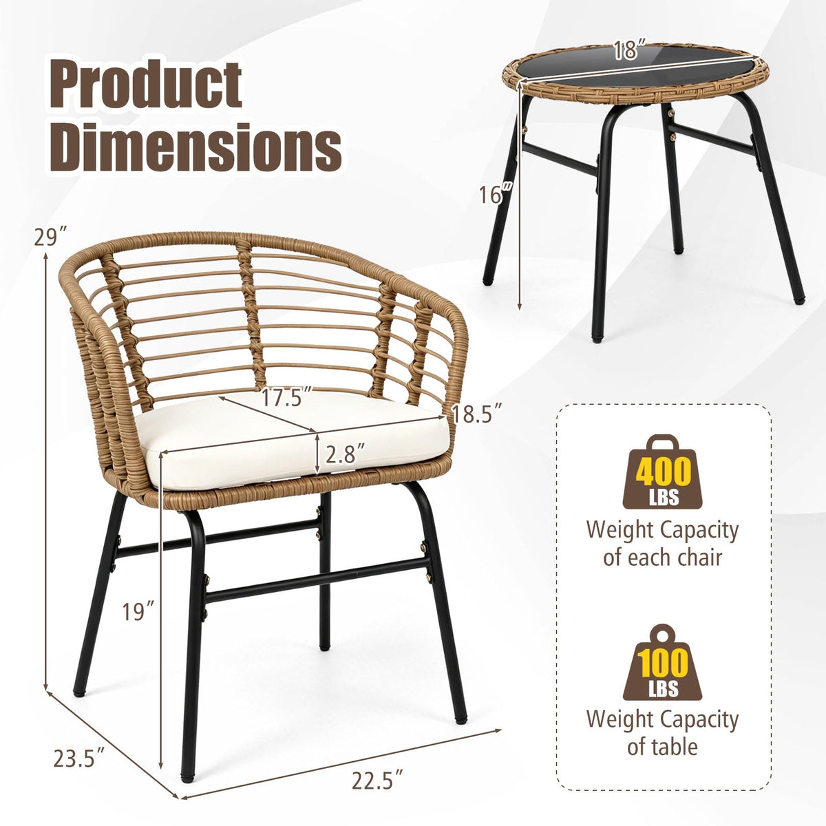 Tangkula 3 Pieces Patio Furniture Set with Tempered Glass Coffee Table and Soft Cushions