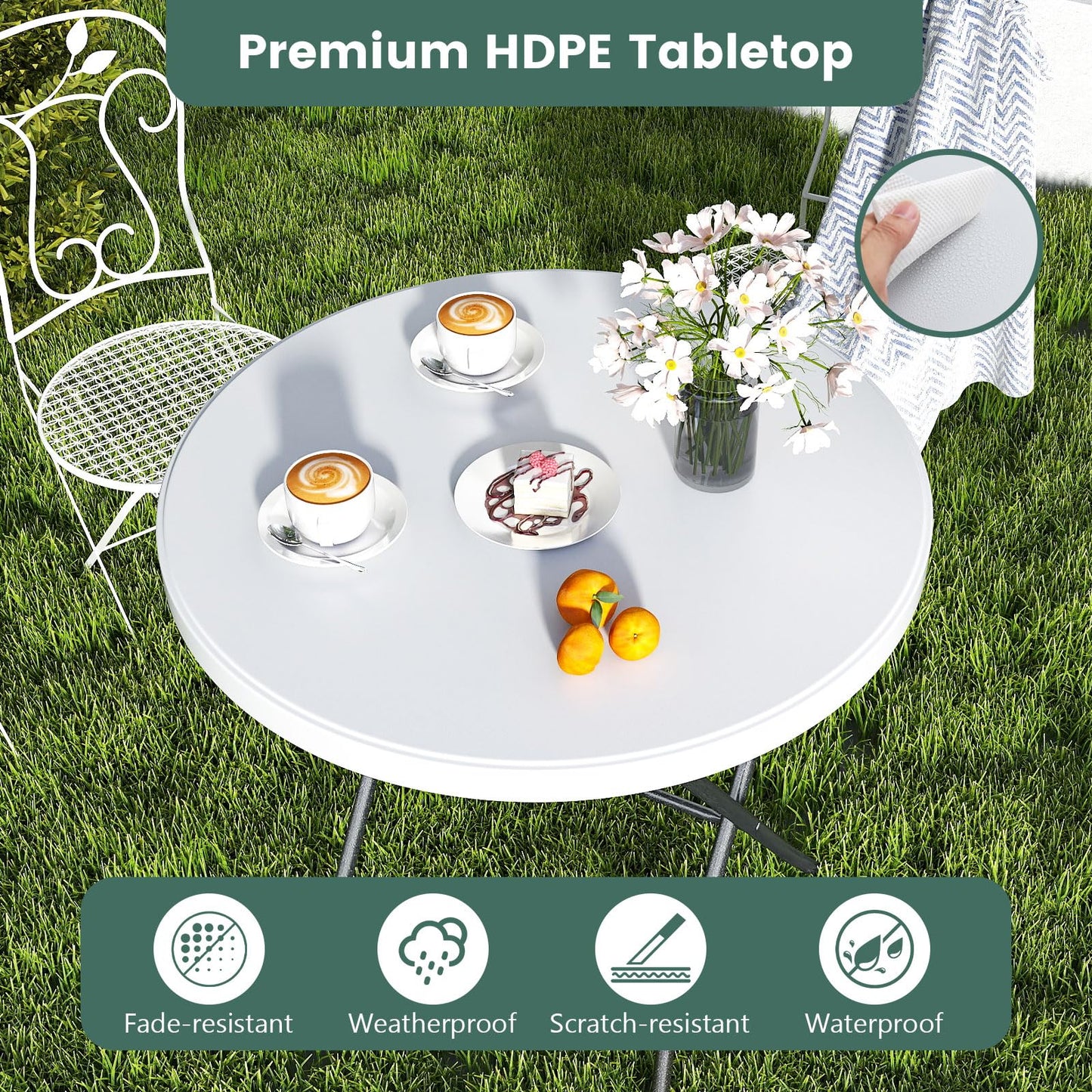 Table pliante ronde Tangkula 32", table de pique-nique portable avec plateau en PEHD résistant aux intempéries