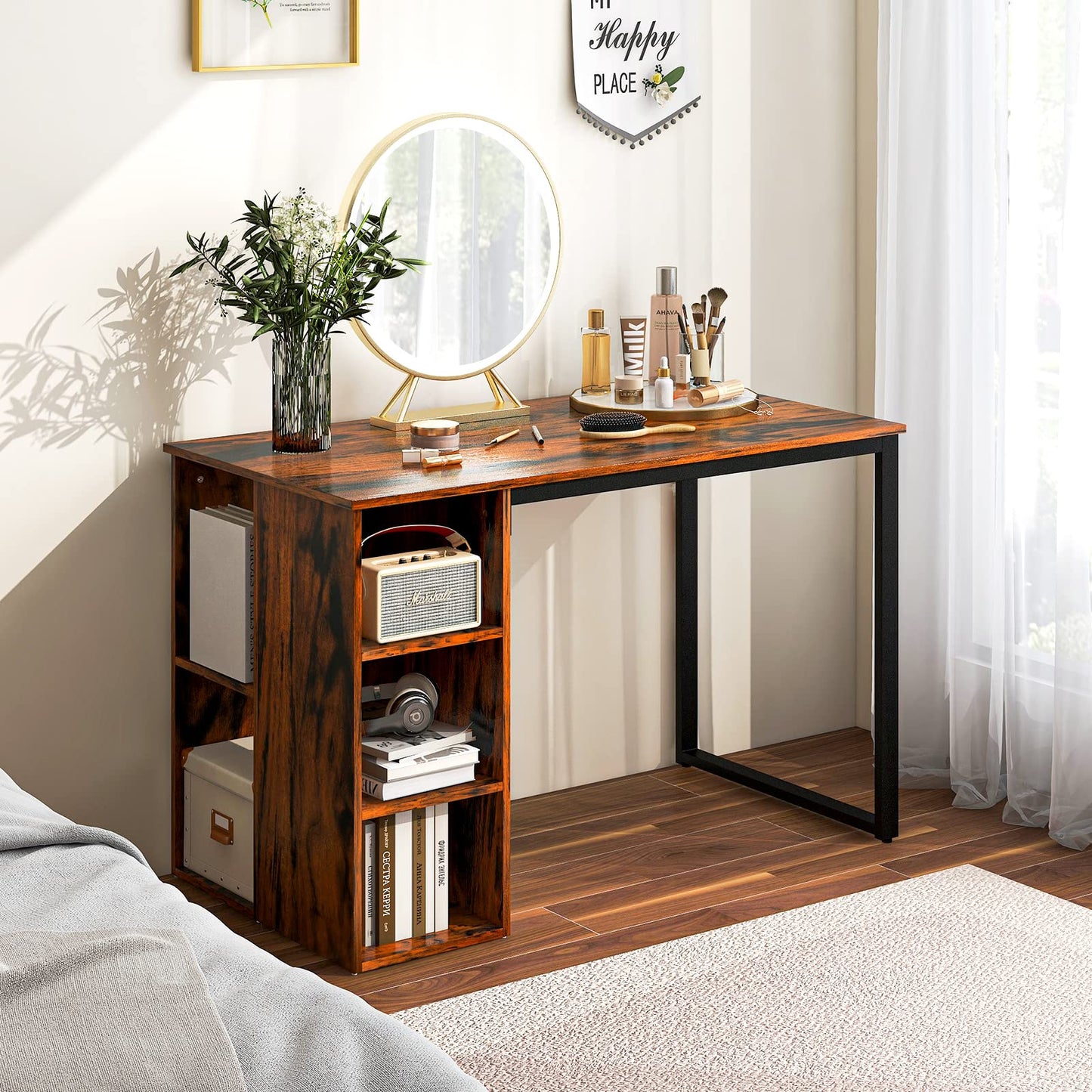 Tangkula Computer Desk with Storage Shelves, Home Office Desk with 5 Side Shelves & Metal Frame