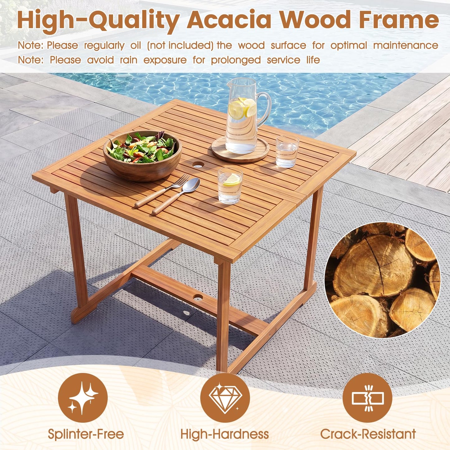 Tangkula 35.5" Acacia Wood Square 4-Person Patio Table with Umbrella Hole