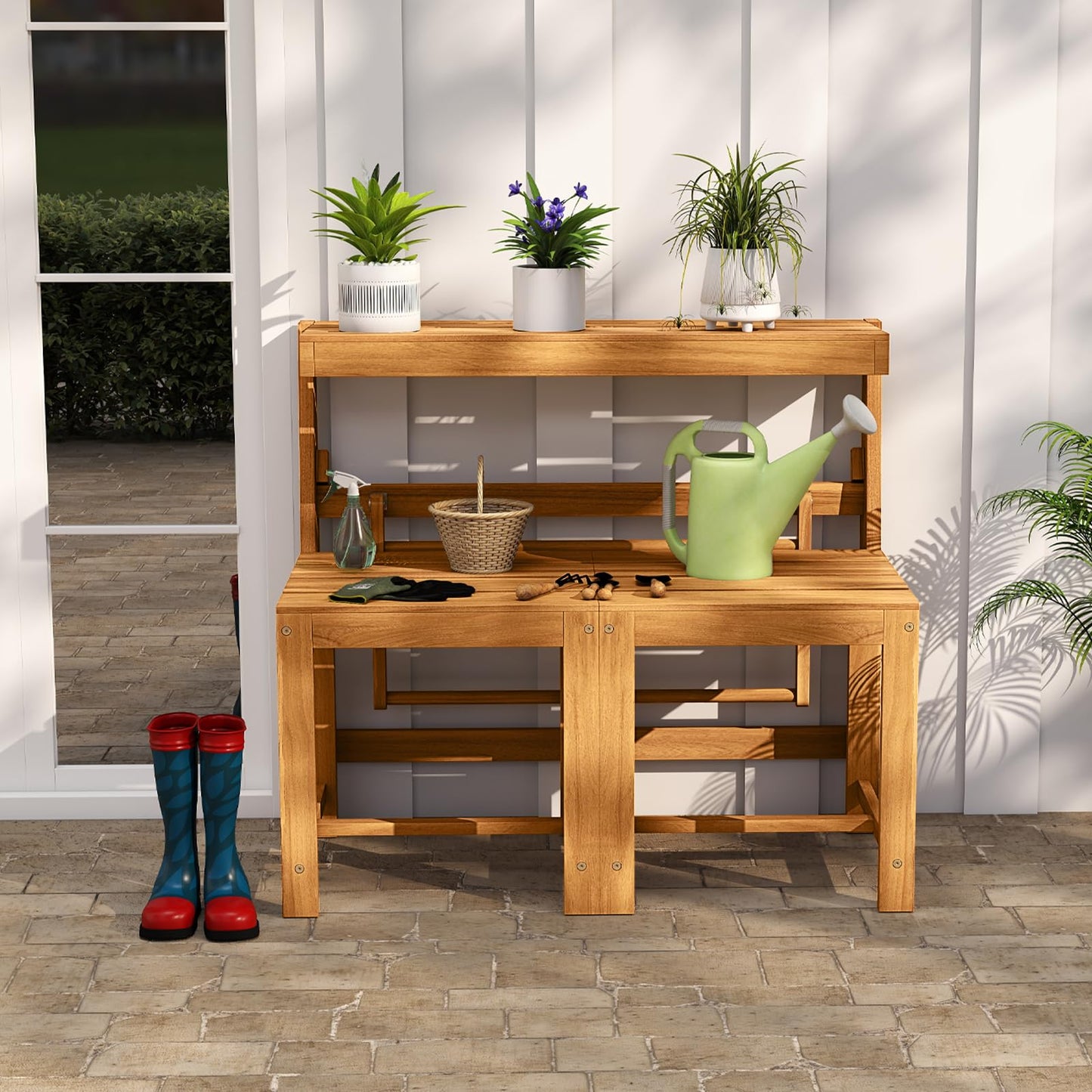 Tangkula 3 in 1 Outdoor Acacia Wood Loveseat Bench Furniture