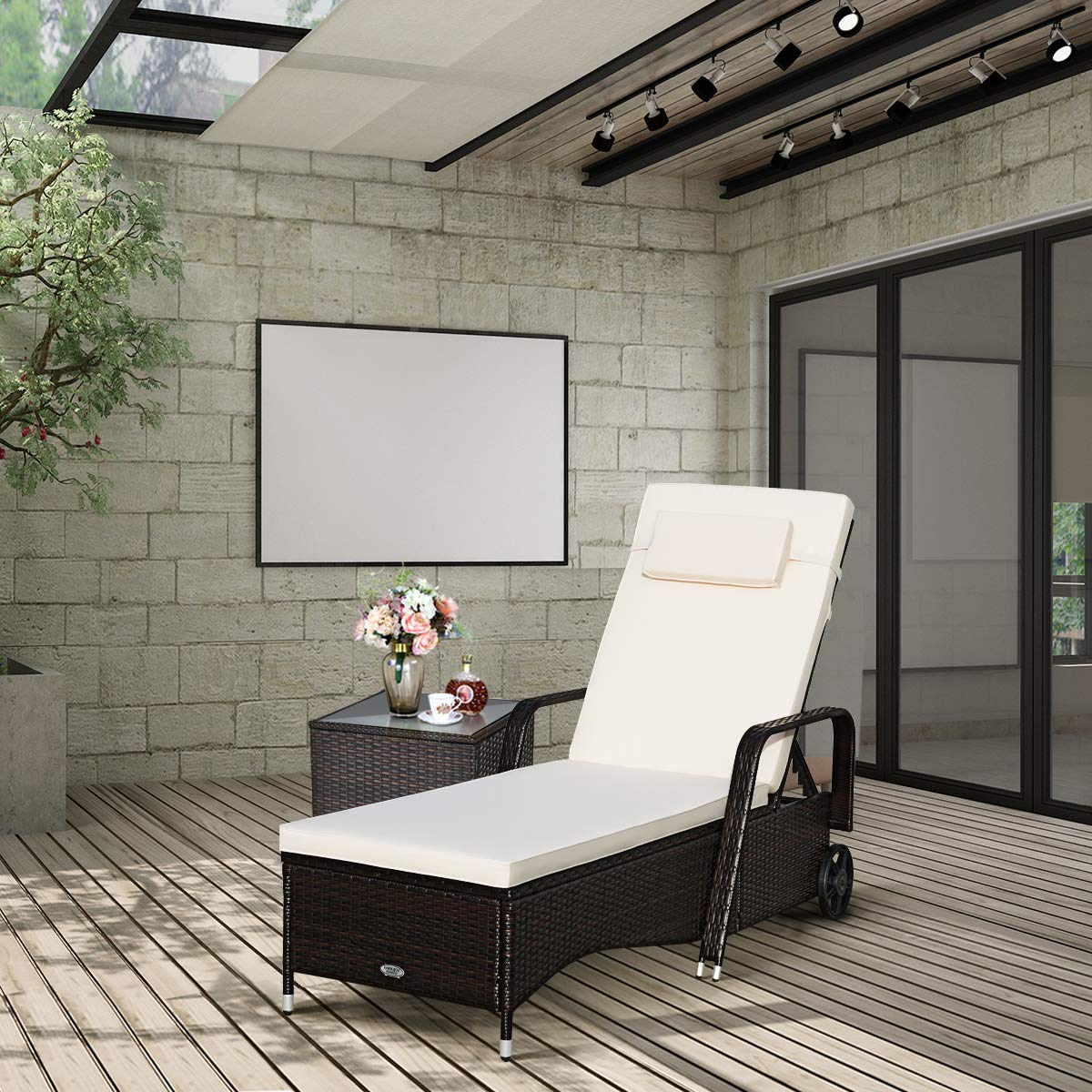 Tangkula Patio Chaise with Wheels, 6 Positions Adjustable Outdoor Lounger Chair with Steel Frame