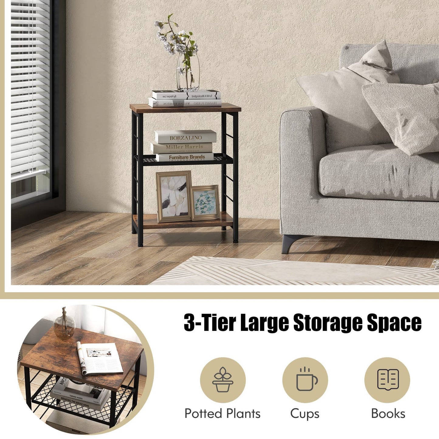 Tangkula Industrial End Table 3-Tier Side Table with Height Adjustable Metal Mesh Shelf