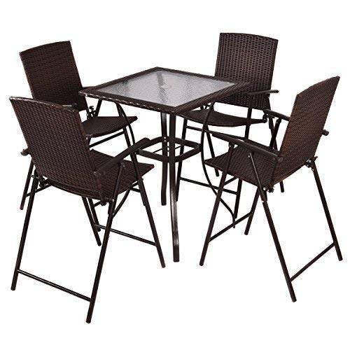 5 Pcs Patio Furniture Set Square Bar Glass Top Table and 4 Folding Chairs Wicker Outdoor