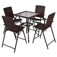 5 Pcs Patio Furniture Set Square Bar Glass Top Table and 4 Folding Chairs Wicker Outdoor