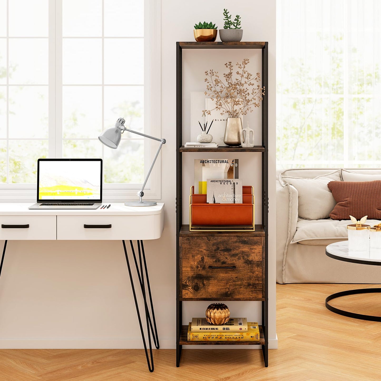 Tangkula Étagère Haute et Étroite de 159 cm avec Cadre Métallique et Kits Anti-basculement