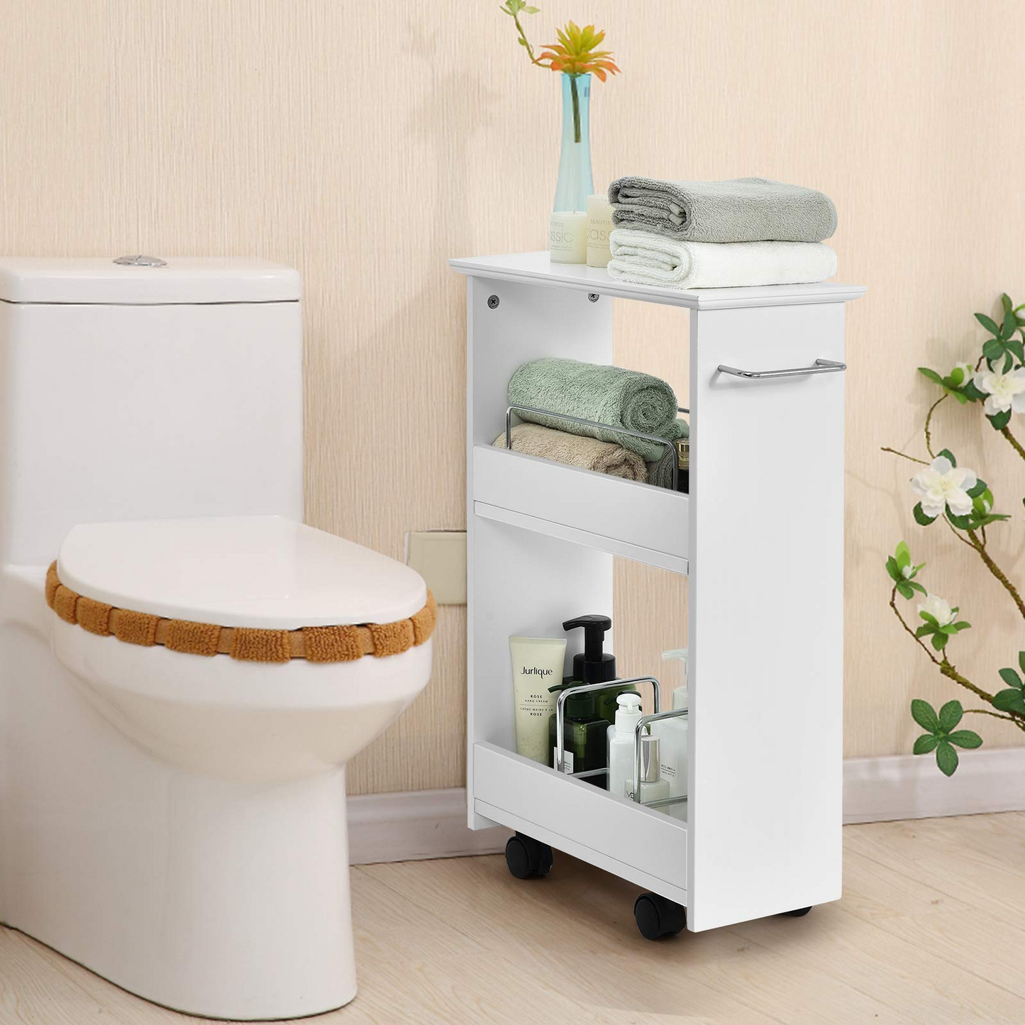 Tangkula Slim Bathroom Storage Shelves, Wooden Rolling Storage Cabinet