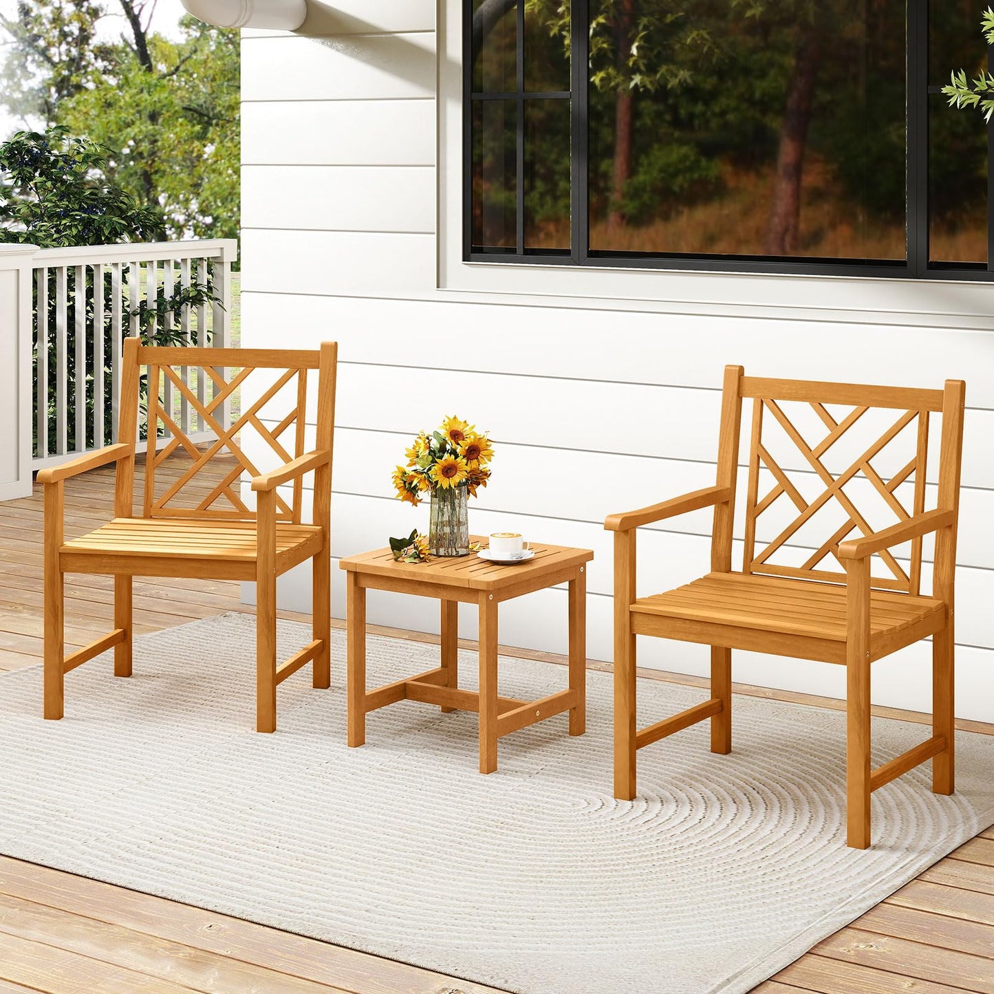 Tangkula Set of 2/4 Outdoor Dining Chairs Acacia Wood with Cross-Pattern Backrest