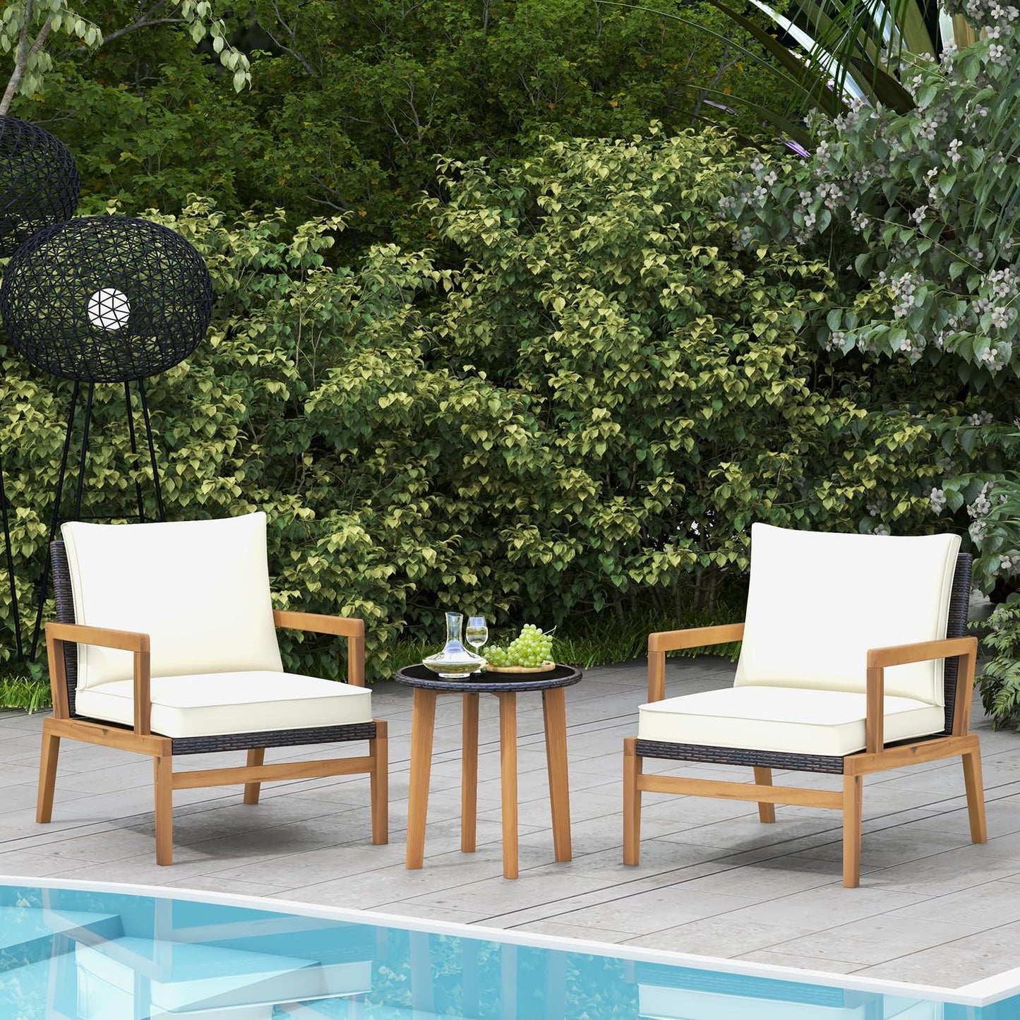 Tangkula 3 Piece Patio Chair Set, Wicker Chair & Side Table Set with Soft Cushions & Tempered Glass Tabletop