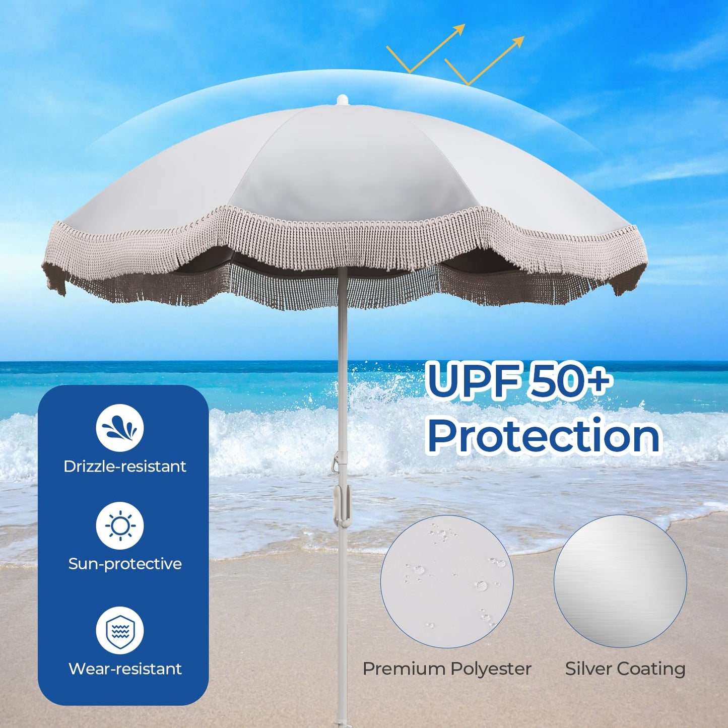 Tangkula 6.5FT Beach Umbrella with Fringe, UPF50+ Outdoor Boho Umbrella with Tassels, Push Button Tilt