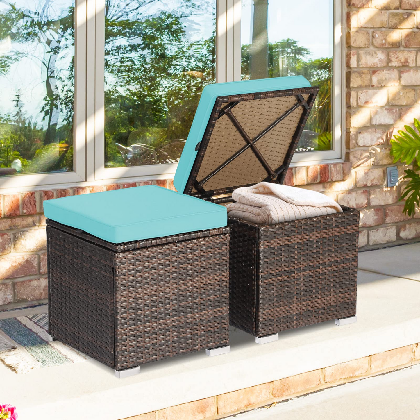 Tangkula 2 Pieces Patio Ottomans, Patiojoy Hand-Woven PE Rattan Side Table with Removable Cushion & Hidden Storage Space