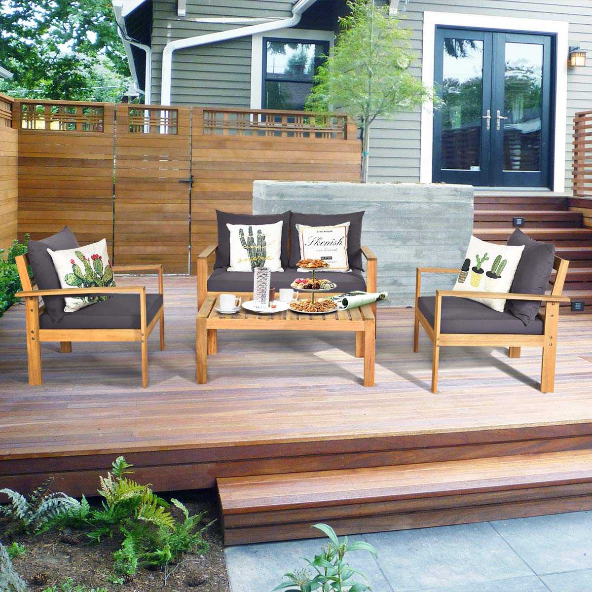 Tangkula Outdoor Conversation Sofa and Table Set with Water Resistant Cushions