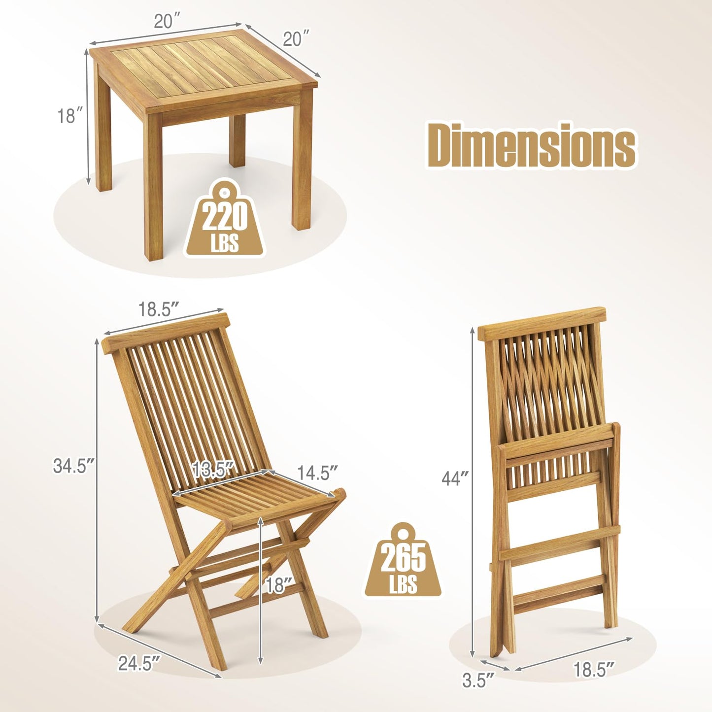 Tangkula Ensemble de bistrot 3 pièces en teck avec 2 chaises pliantes pour extérieur