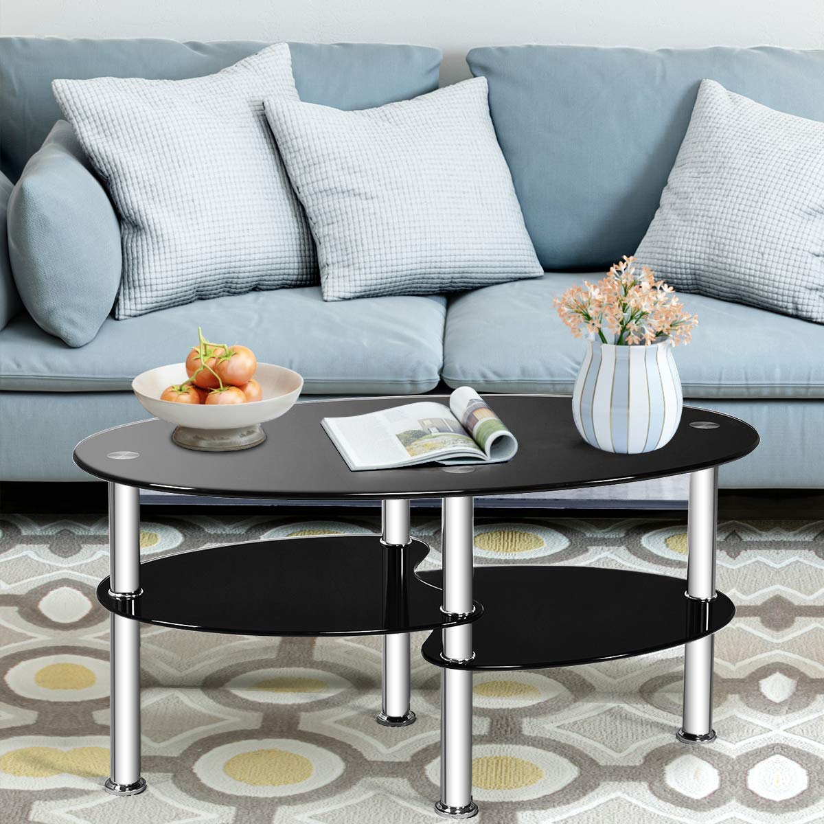 Tangkula Glass Coffee Table with 2 Tier Tempered Glass Boards