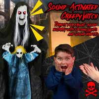 Tangkula Hanging Halloween Decoration Sound-Activated Witch Holding Ghost Girl with Spooky Sounds