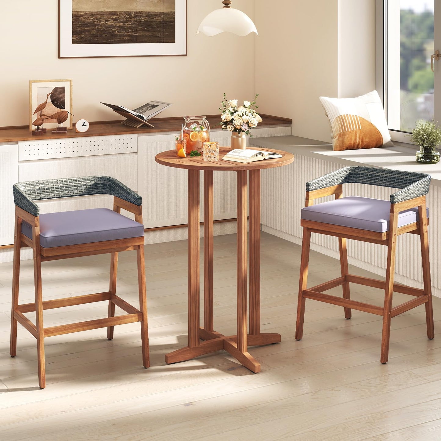 Tangkula Table de bar ronde de 99 cm avec plateau à lattes pour terrasse