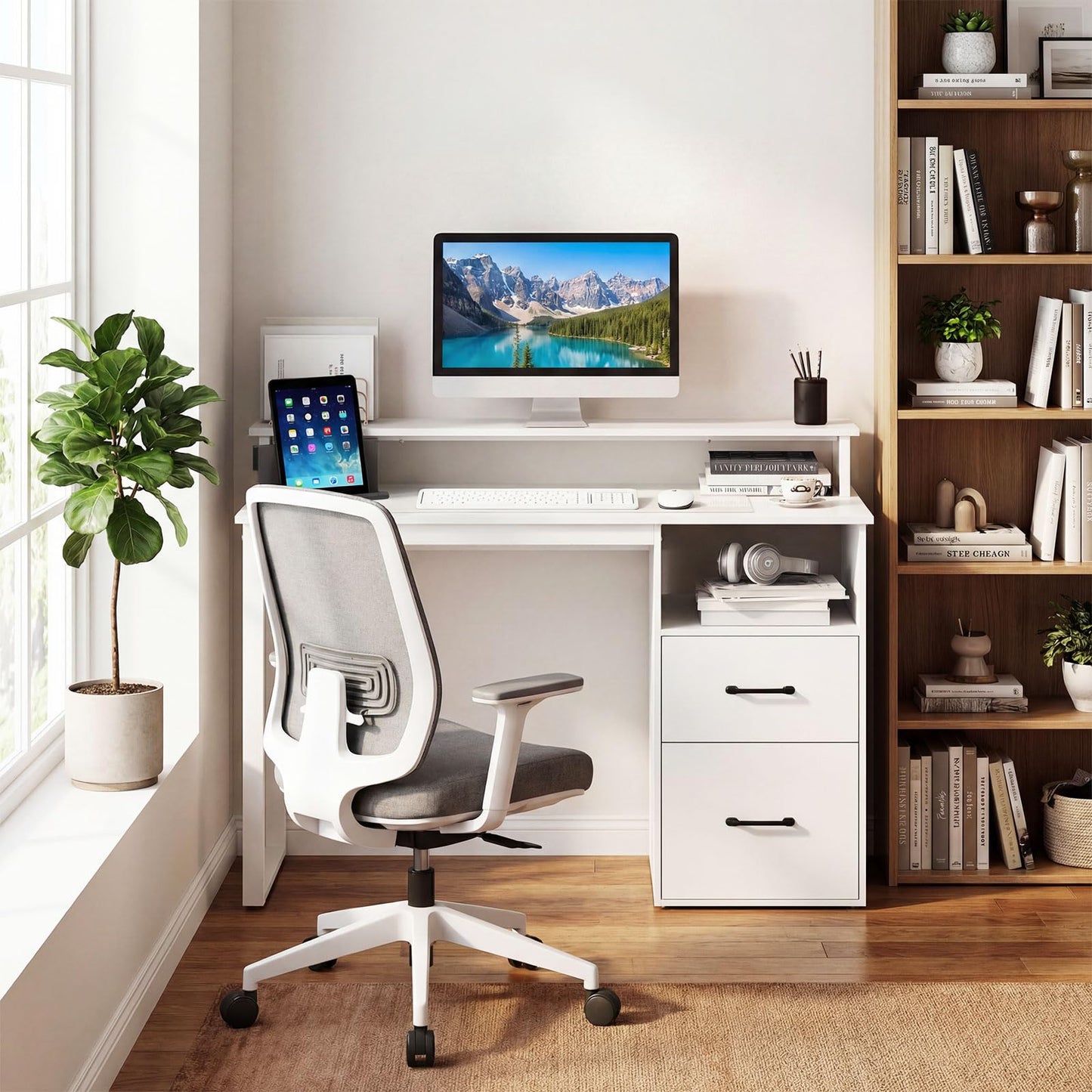 Tangkula White Desk with 2 Storage Drawers & Power Outlets