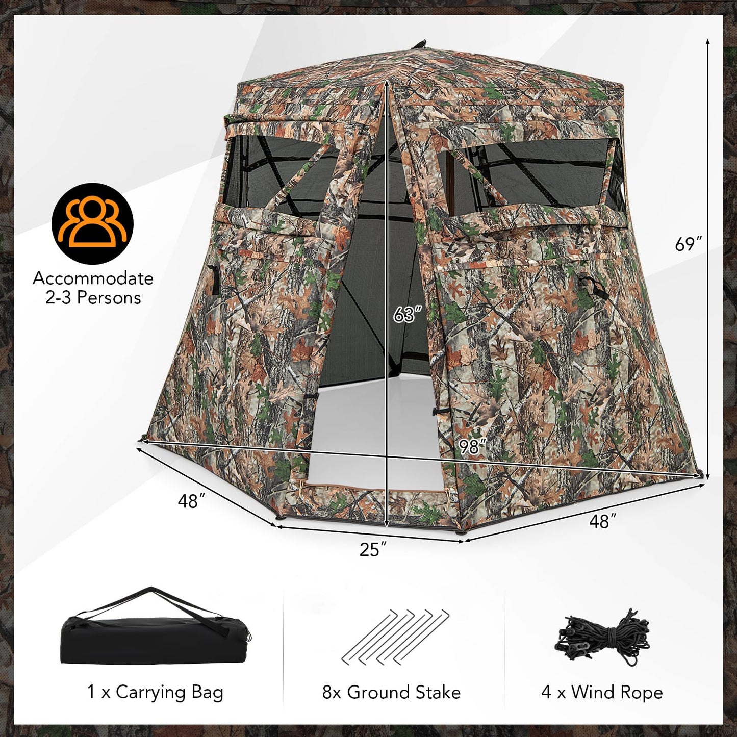 Tangkula 2-3 Person Hunting Blind, 360 Degree See Through Ground Blind with 4 Silent Slide Windows