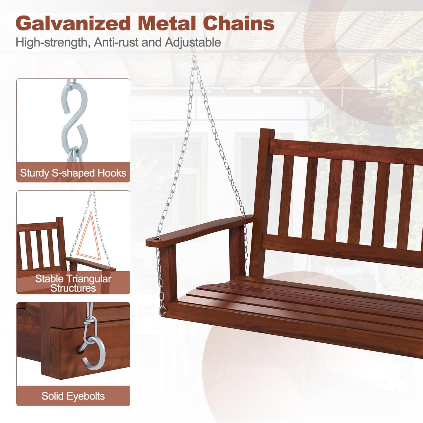 Tangkula 2/3 Person Wooden Porch Swing, Hanging Patio Swing with 2 Adjustable Galvanized Metal Chains