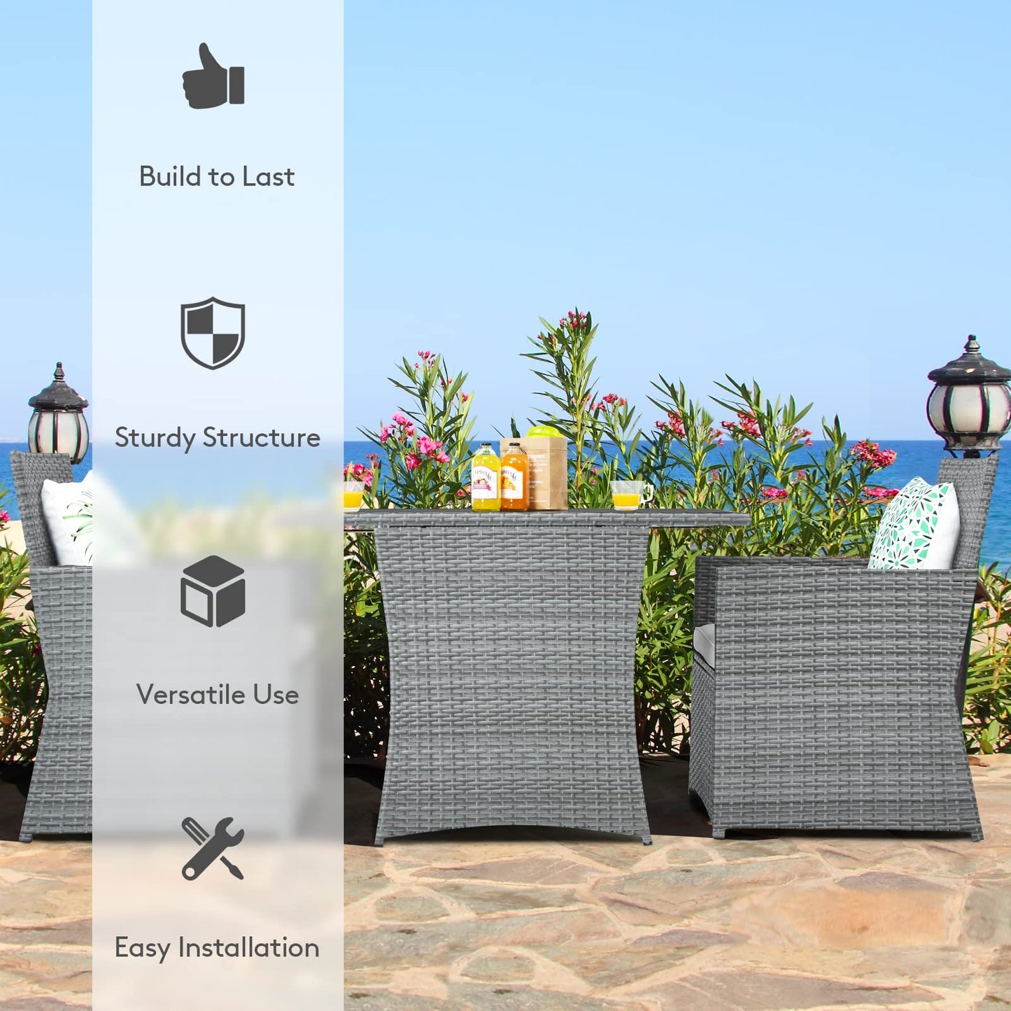 3 Pieces Patio Dining Set, Patiojoy Space-Saving PE Rattan Bistro Set with Tempered Glass Top Table and Cushioned Chairs