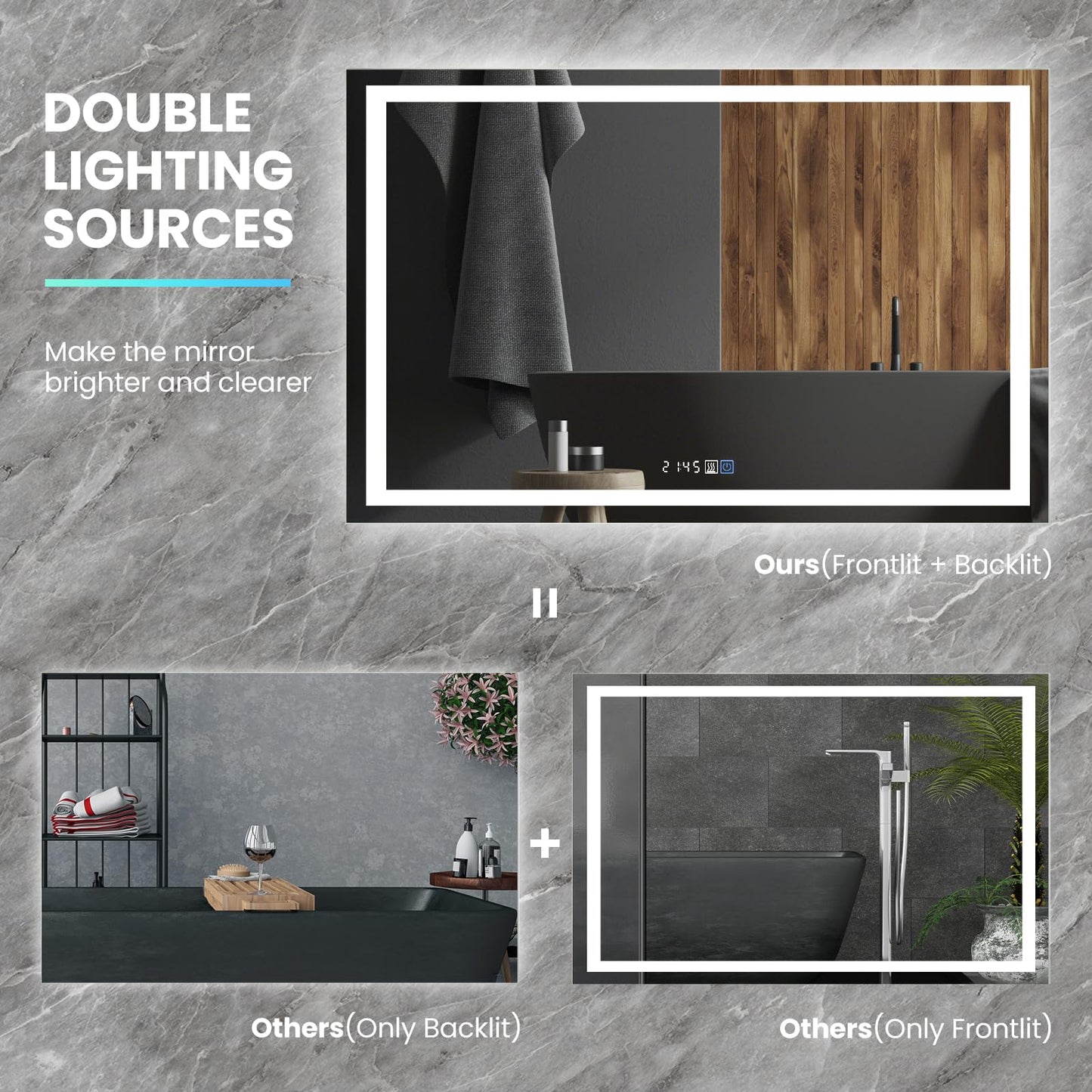 Tangkula LED Bathroom Mirror, Wall Mounted Rectangle Mirror w/ 3-Color Dimmable Lights, Time/Temp Display, Anti-Fog