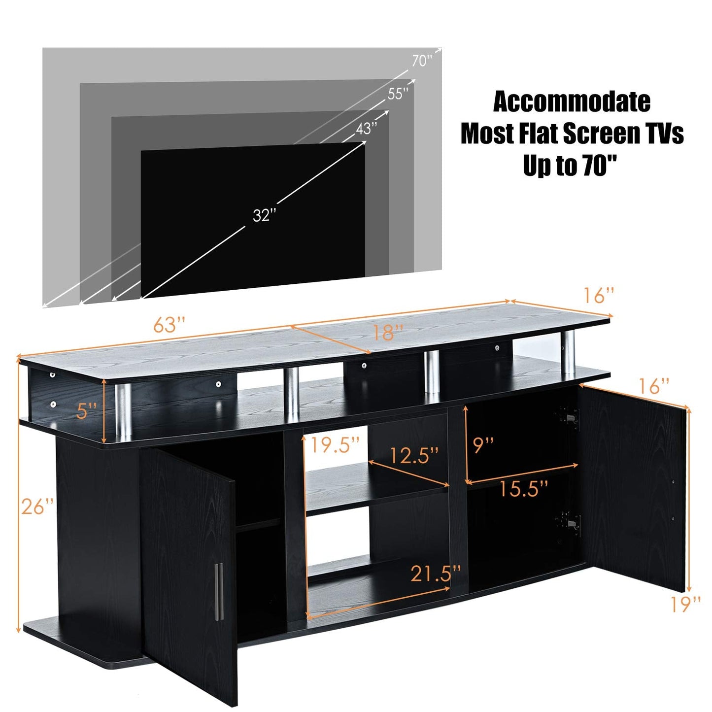 Modern TV Stand for TVs up to 70 Inches, Living Room Console Table w/2 Cabinets & Open Shelves